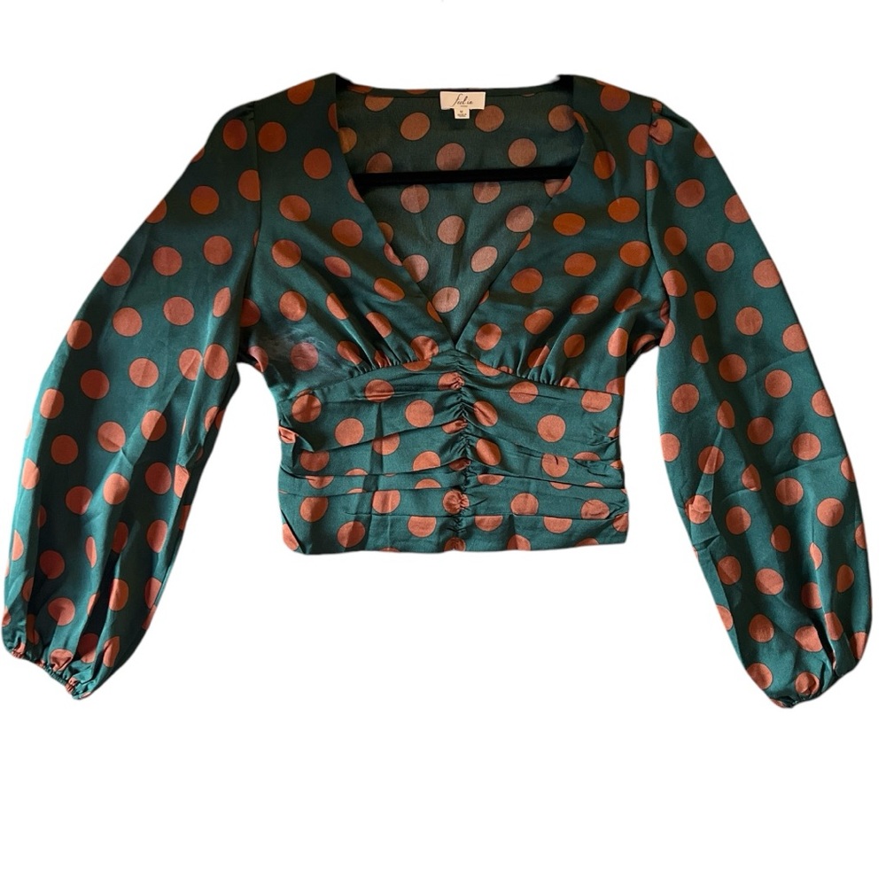 Green and Orange Crop Blouse with Puff Sleeves and Ruched Neckline